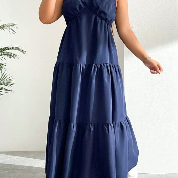 Navy Blue Casual Women's Plus Size V-Neck Sweetheart Sexy Fashion Dress - Picture 5 of 8